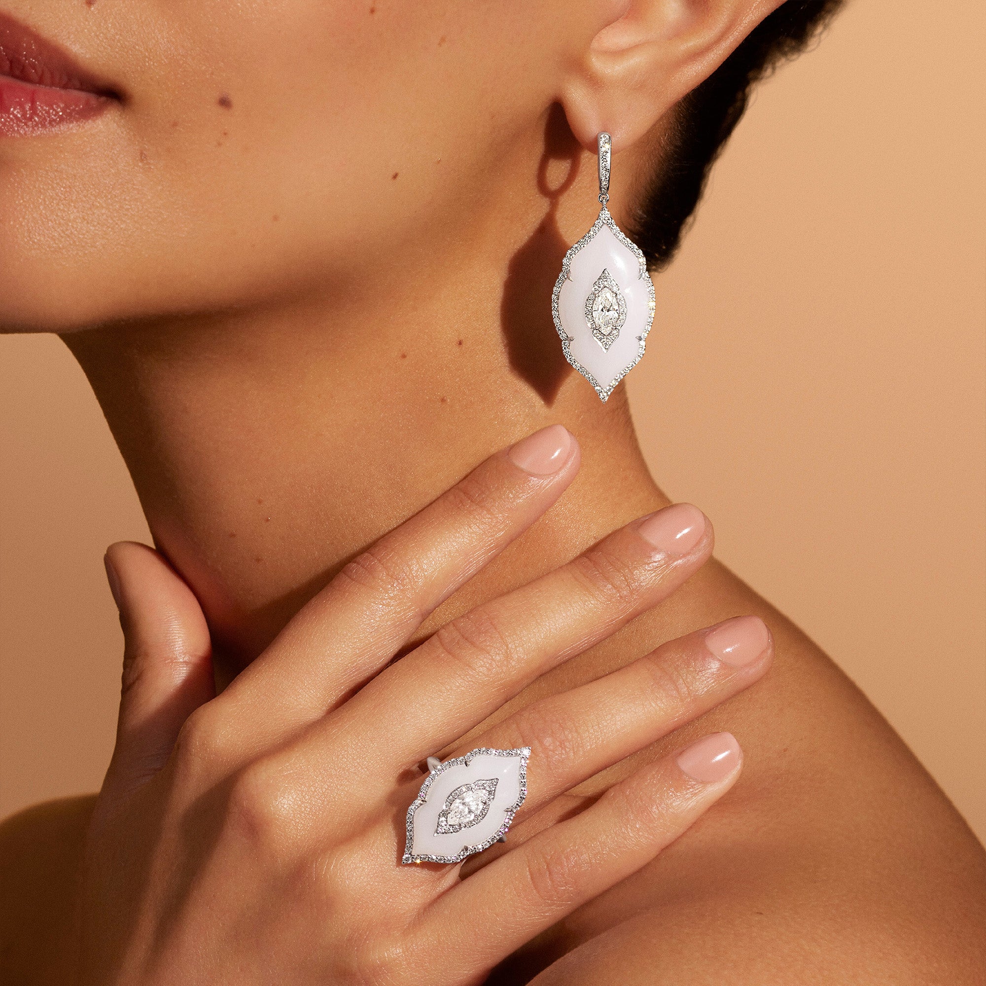 Arches - Diamond and Milky Agate Earrings