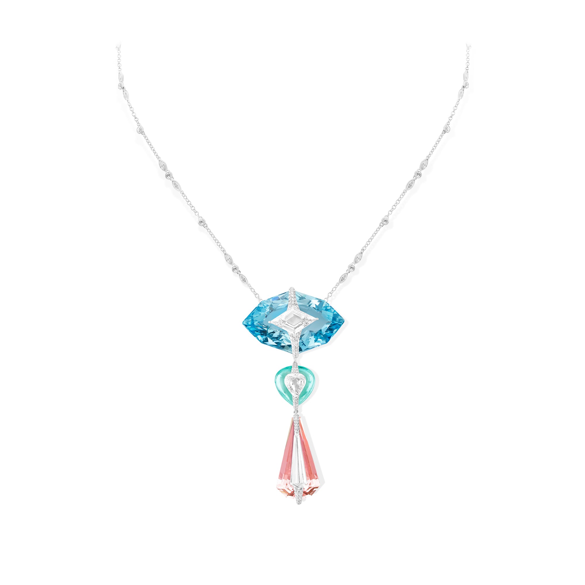 Kissing - Diamond, Aquamarine, Morganite and Paraiba Necklace